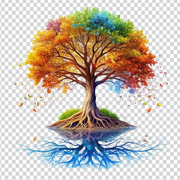 PSD a tree with many colors reflected on transparent background