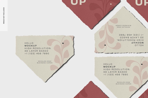 PSD triangular deckled edge business cards mockup, top view