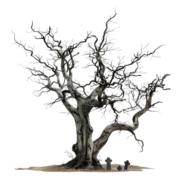 PSD a twisted dead tree with three tombstones in a graveyard