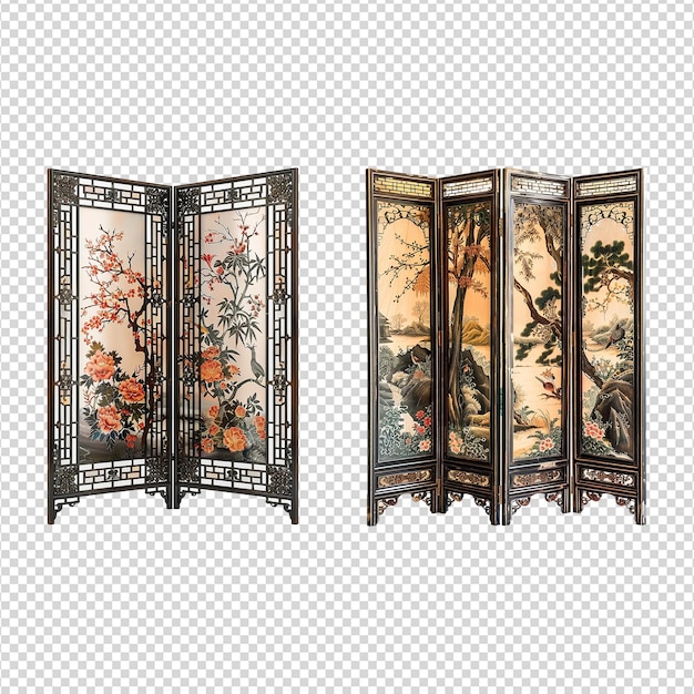 PSD two folding chinese partition screen set on transparent background