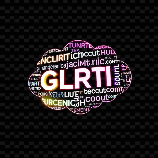 PSD typographic cloud with letterforms words and text based patterns neon hues _isolated_neon_objecto