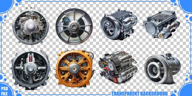 PSD various types of engine components on transparent background