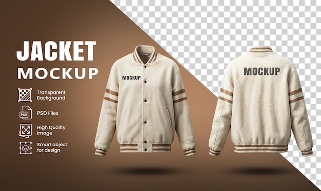 PSD varsity jacket mockup front and back view with transparent background