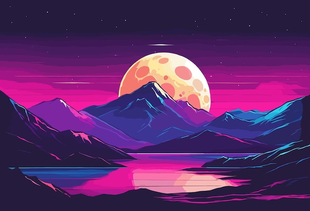 PSD vector of moon with purple night sky and mountain