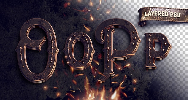 PSD vintage metallic alphabet with fire