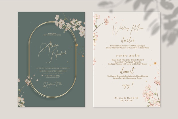 PSD vintage wedding invitation and wedding menu with green background