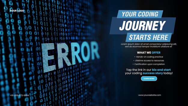 PSD virtual workshop learn coding banner template with closeup of the word error displayed in binary code