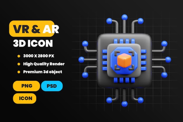 PSD vr and ar 3d icon processor chip with augmented reality cube