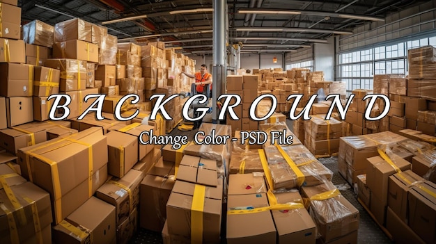 PSD warehouse worker organizing abundant cardboard boxes in storage