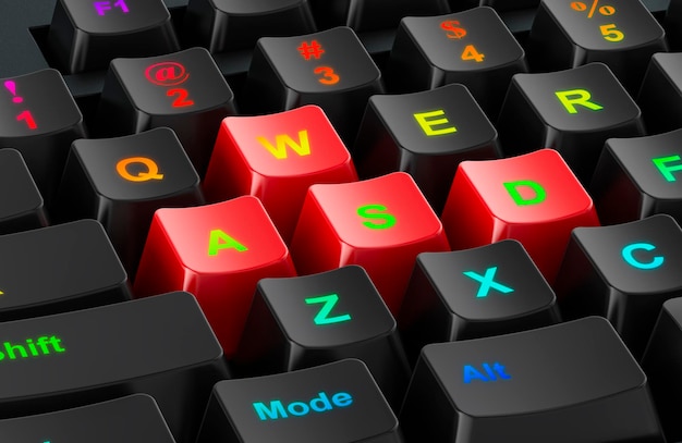 PSD wasd red keys on a computer keyboard 3d rendering