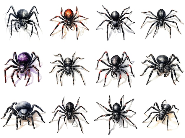 PSD watercolor illustrations of various black spiders