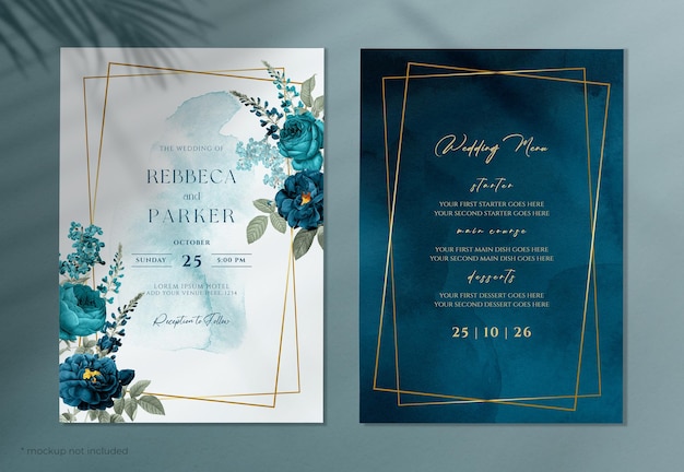 PSD a watercolor wedding invitation with navy blue and teal flowers