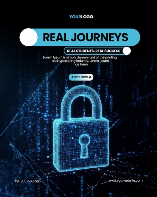 PSD web development ai programming poster template with digital padlock symbol on a dark blue background with flowing binary code