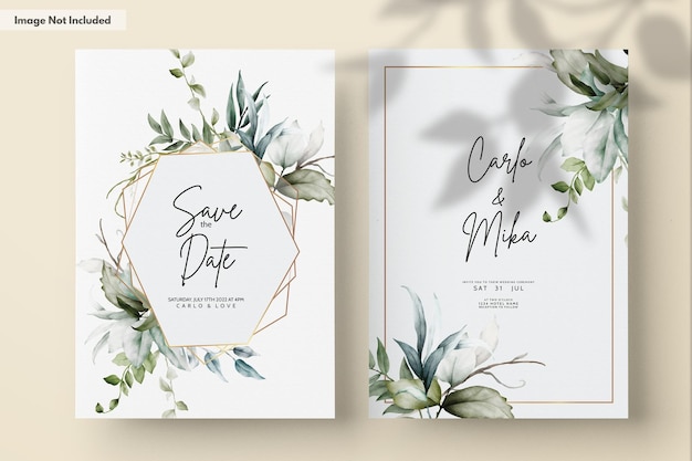 PSD wedding invitation template with beautiful leaves watercolor
