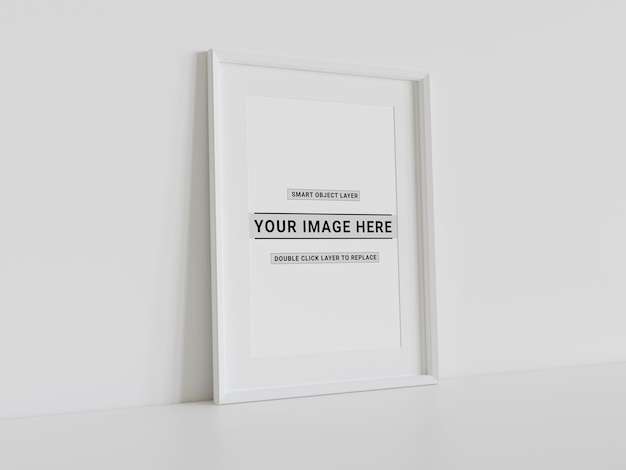 PSD white frame leaning on wall mockup