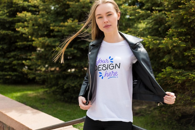 PSD woman in white t-shirt and leather jacket outdoors