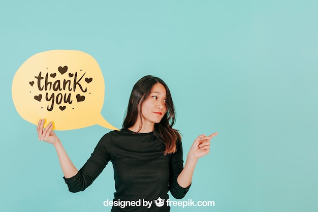 PSD woman with speech bubble mockup