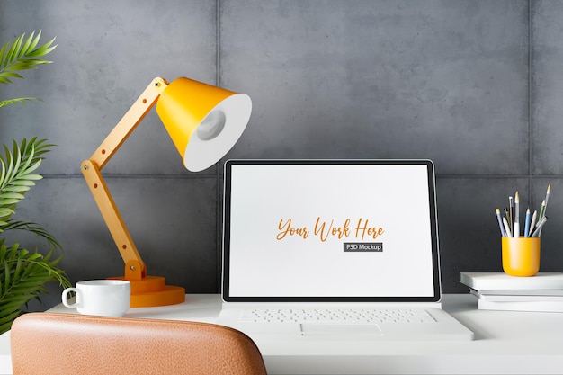 PSD workspace with mockup blank screen laptop computer. 3d rendering.