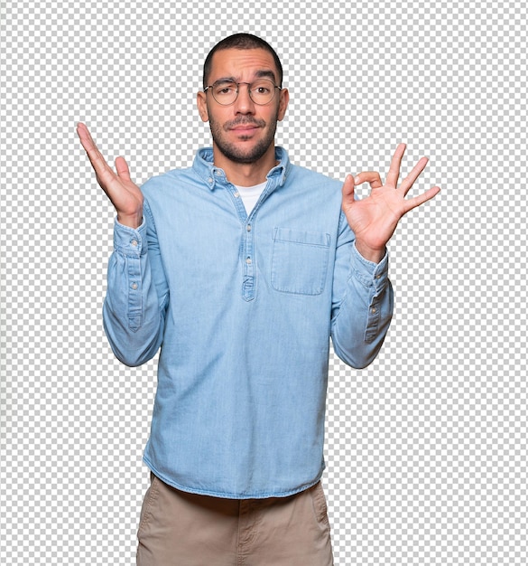 PSD worried young man doubting and making a gesture of approval