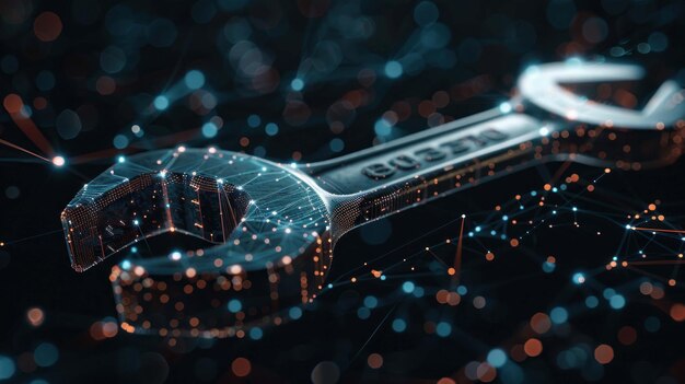 PSD a wrench with a digital network of connections in the background