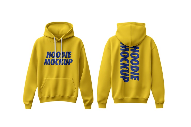 PSD yellow hoodie mockup front and back view