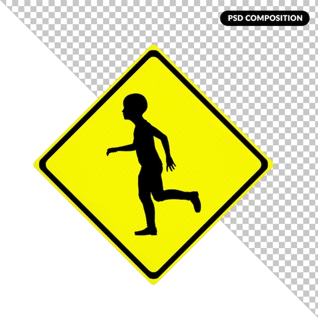 PSD a yellow sign with a boy running in front of it