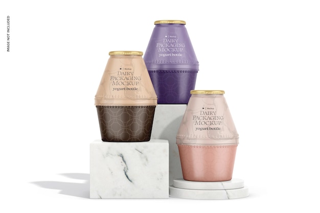 PSD yogurt bottles mockup on podiums