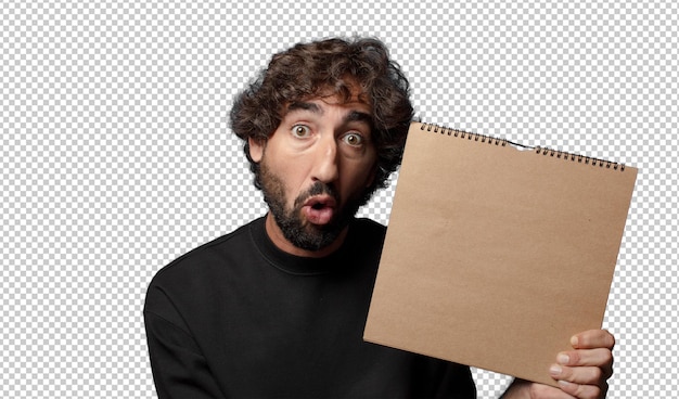 PSD young bearded crazy man with an empty notebook cover