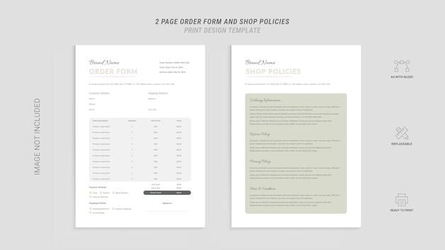 Vector 2 page order form and shop policies sheet