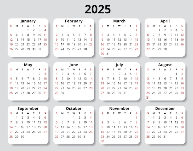 Vector 2025 year english vector annual calendar with months