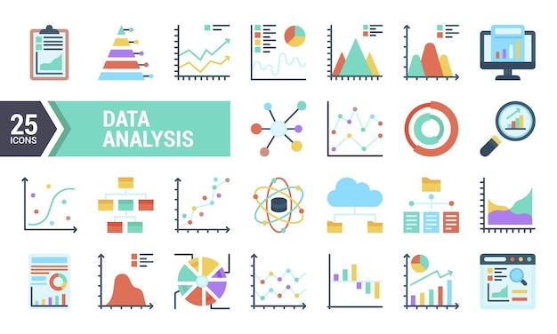 Vector 25 flat data analysis icons for your design project