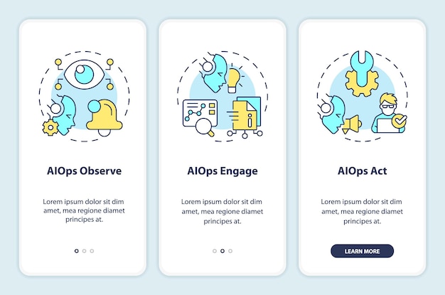 Vector 2d icons representing ai ops mobile app screen set walkthrough 3 steps colorful graphic instructions with linear icons concept ui ux gui template