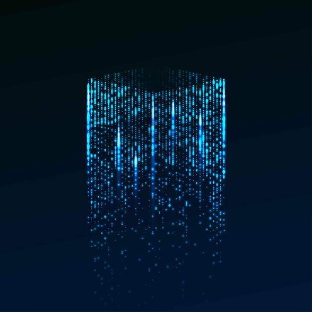 Vector 3d big data cube made of glowing particles isometric bright box with reflection from chaos to order machine learning technology digital database network and blockchain connection vector illustration