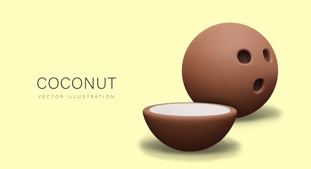 Vector 3d coconut on yellow background whole round palm nut and half