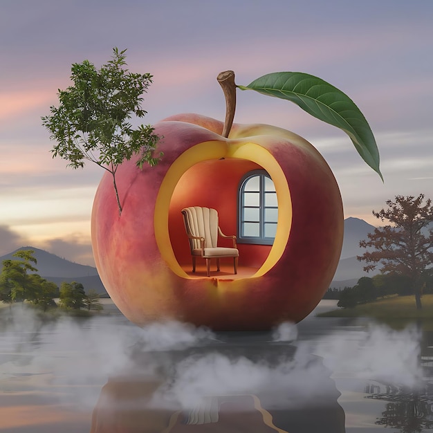 Vector 3d design of a chair inside the apple with smoke in front and sky background