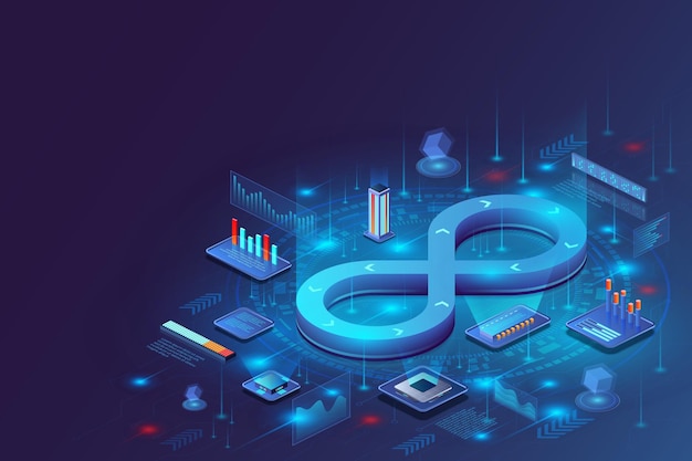 Vector 3d devops development service continuous icon delivery of software app cycle cloud of process digital connection agile technology data infographic vector isometric background