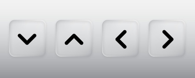 Vector 3d direction square button liquid glass button with arrow symbol up down left right sign modern web user interface element for ui ux design transparent frames and buttons vector illustration