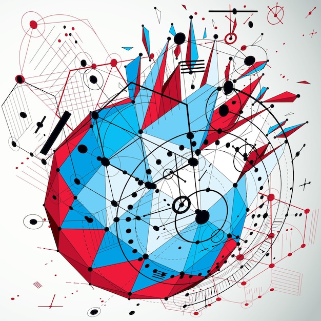 Vector 3d engineering technology vector backdrop made using low poly demolished object with refractions and wireframe. technical abstraction created with bauhaus retro style design elements.