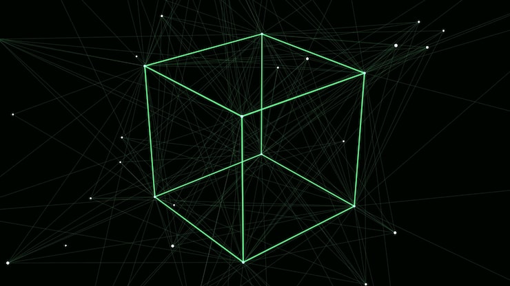3D futuristic geometric cube with dots and lines Abstract wireframe blockchain Science vector background Structure technology network connection Ai in dark cyberspace background