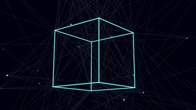 3d futuristic geometric cube with dots and lines abstract wireframe blockchain science vector background structure technology network connection ai in dark cyberspace background
