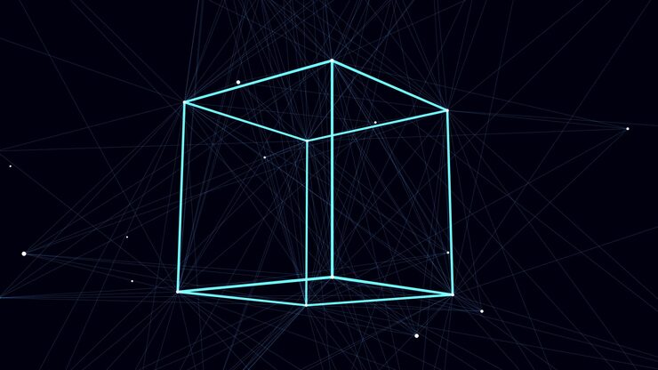 3D futuristic geometric cube with dots and lines Abstract wireframe blockchain Science vector background Structure technology network connection Ai in dark cyberspace background