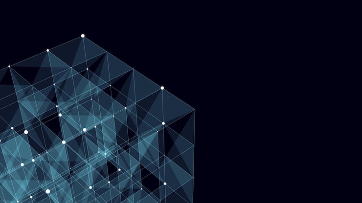 3D futuristic geometric cube with dots and lines Abstract wireframe blockchain Science vector background Structure technology network connection Ai in dark cyberspace background