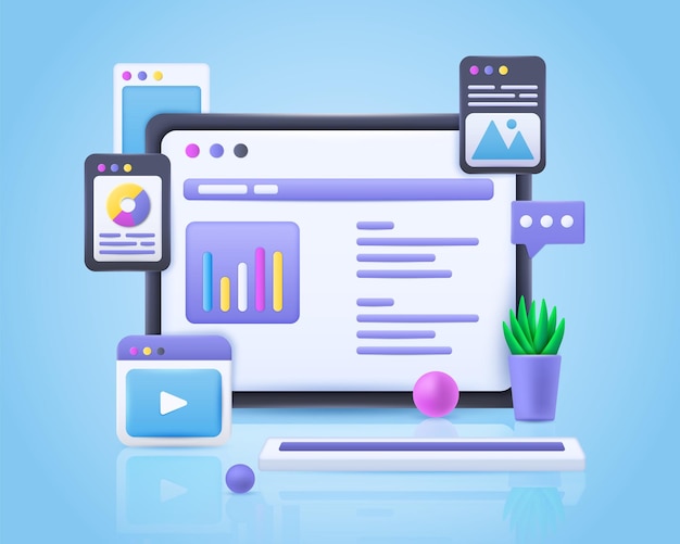 Vector 3d graphic ux ui design internet website create web screen for computer developer software interface digital application render programming development vector mobile concept