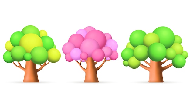 Vector 3d green pink trees on white background set of forest plants