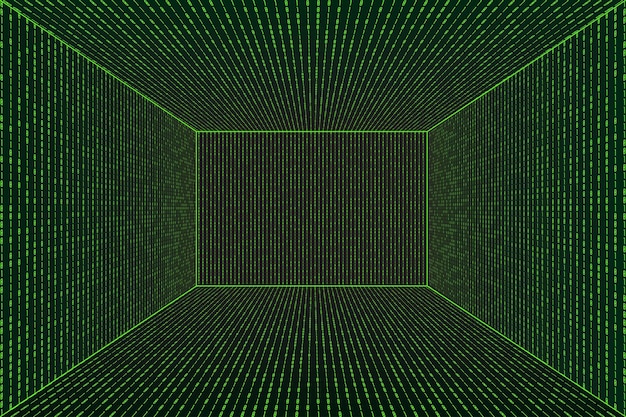 Vector 3d grid perspective room in matrix technology style. virtual reality tunnel or wormhole. abstract  binary computer code background