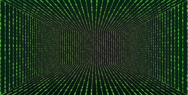 Vector 3d grid perspective room in matrix technology style. virtual reality tunnel or wormhole. abstract  binary computer code background