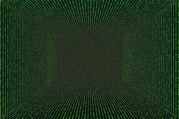 Vector 3d grid perspective room in matrix technology style. virtual reality tunnel or wormhole. abstract  binary computer code background