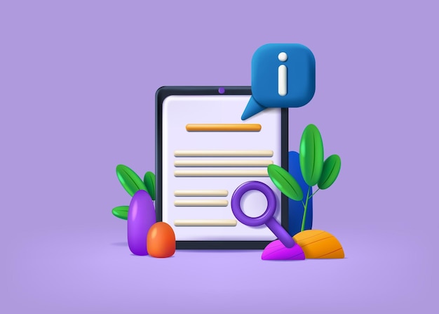 Vector 3d guide information notification user instruction info or manual web mobile icons render guidebook attention bubble and magnifier digital tablet guidance document vector concept