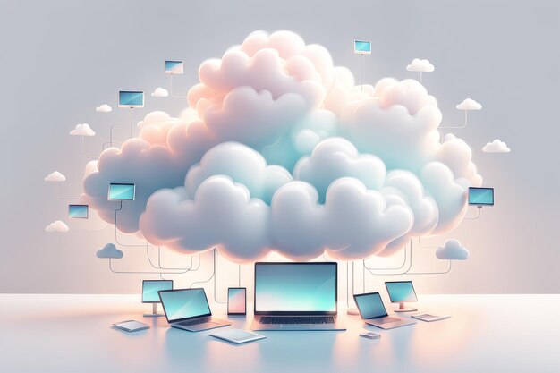 Vector 3d illustration cloud computing concept with computer and cloud concept