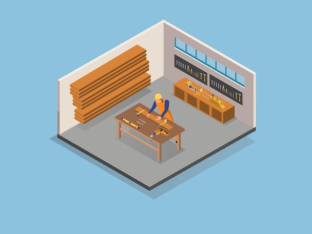 Vector 3d isometric carpenter working in carpentry shop